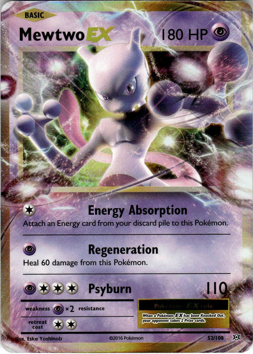 2016 POKEMON MEWTWO EX 52/108 HOLO EX RARE EVOLUTIONS NEAR MINT