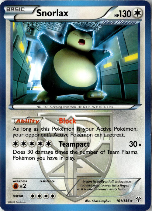 2013 POKEMON SNORLAX 101/135 RARE PLASMA STORM NEAR MINT